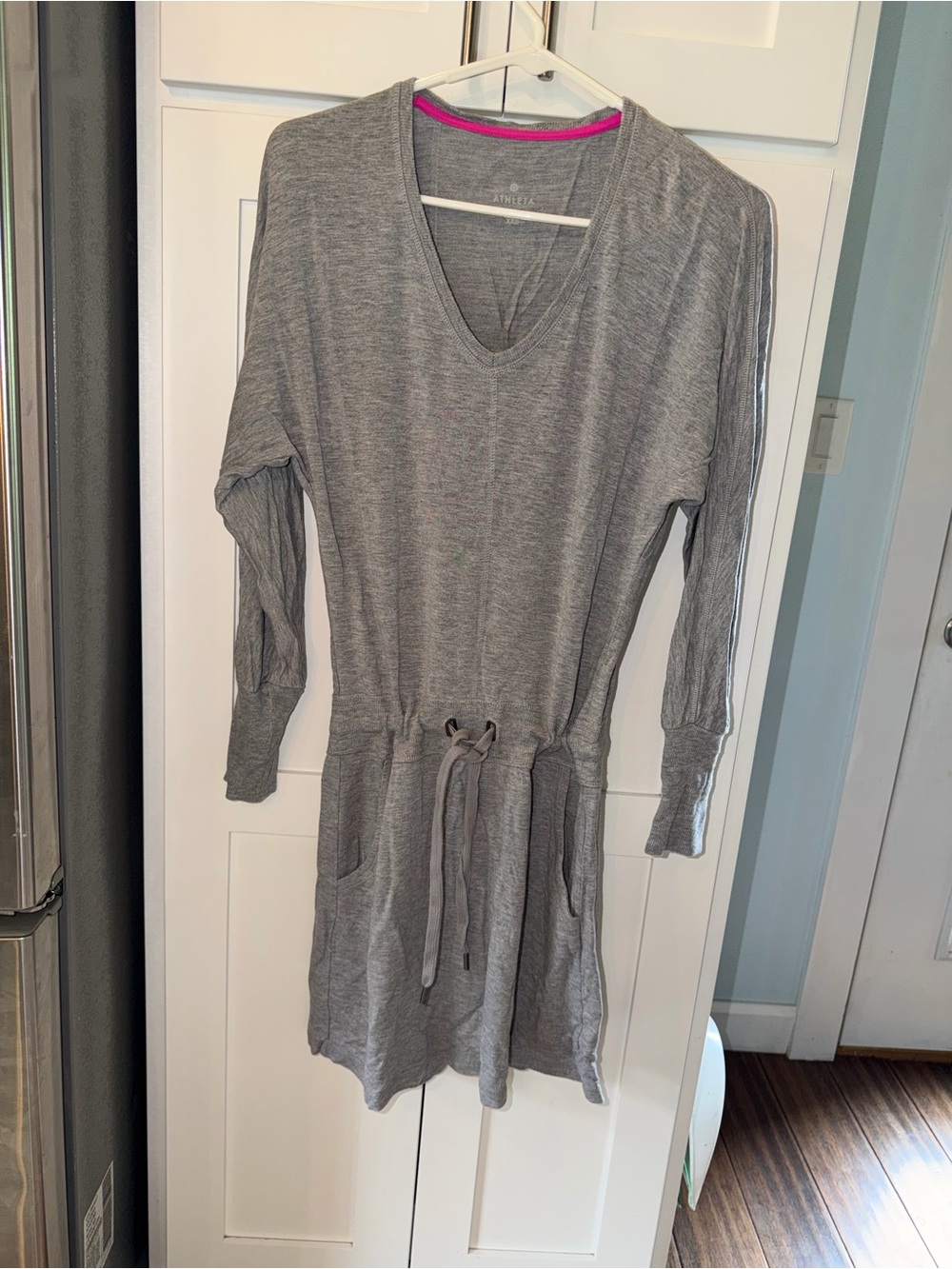 Athleta Grey V-Neck Drawstring Sweatshirt Dress - Pink Trim